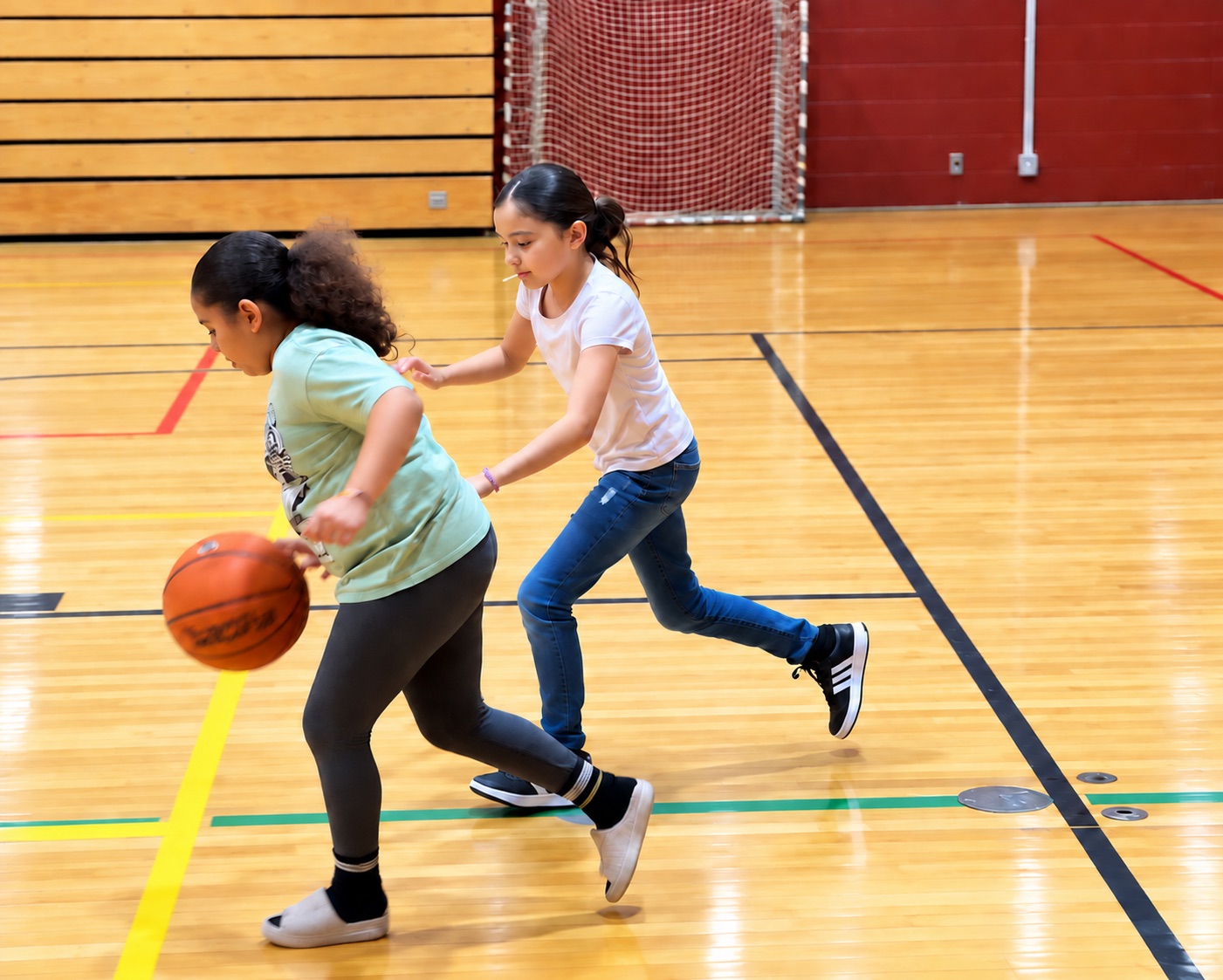 Children playing basketball together in the gym